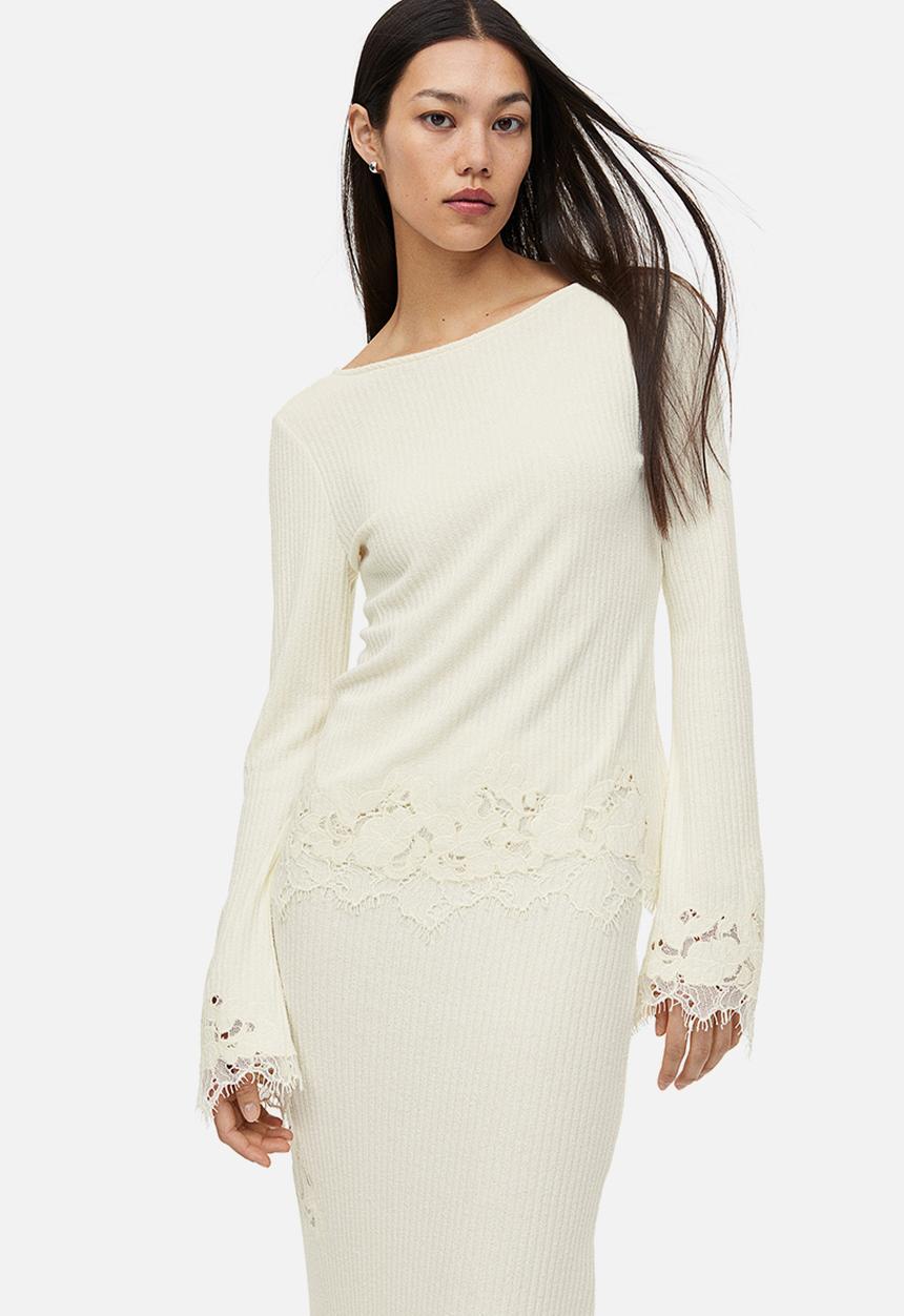 H&M - Lace-trimmed ribbed top - cream 