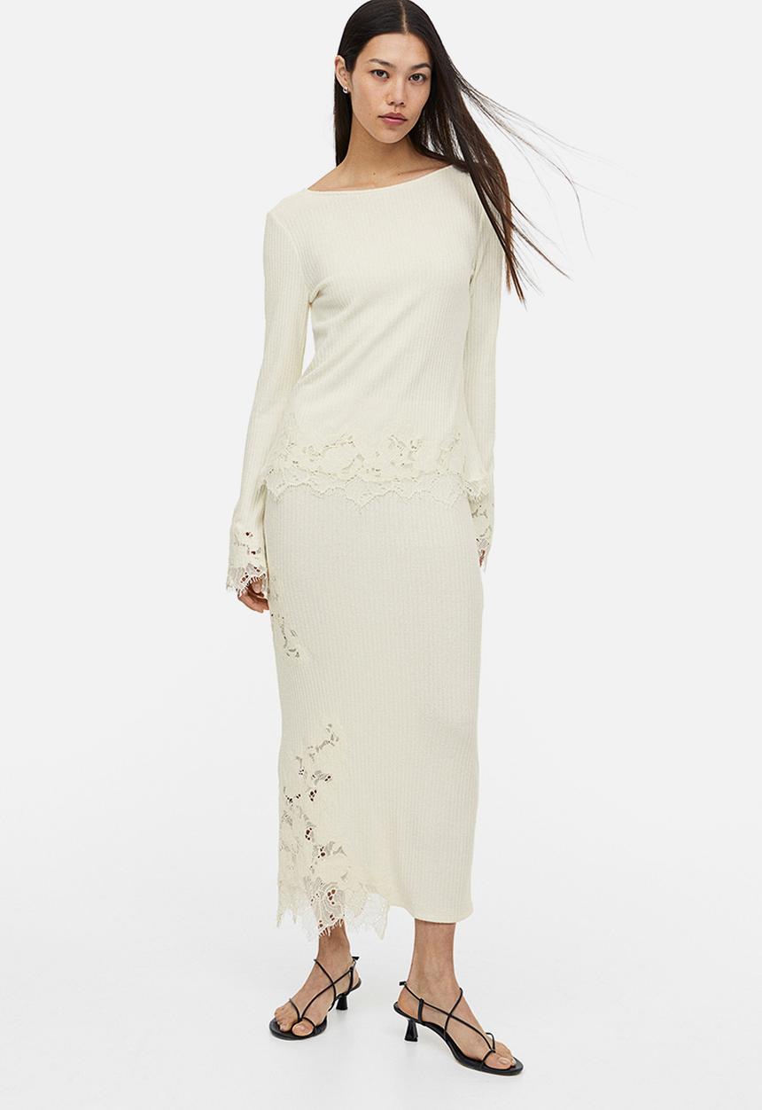 H&M - Lace-trimmed ribbed top - cream 