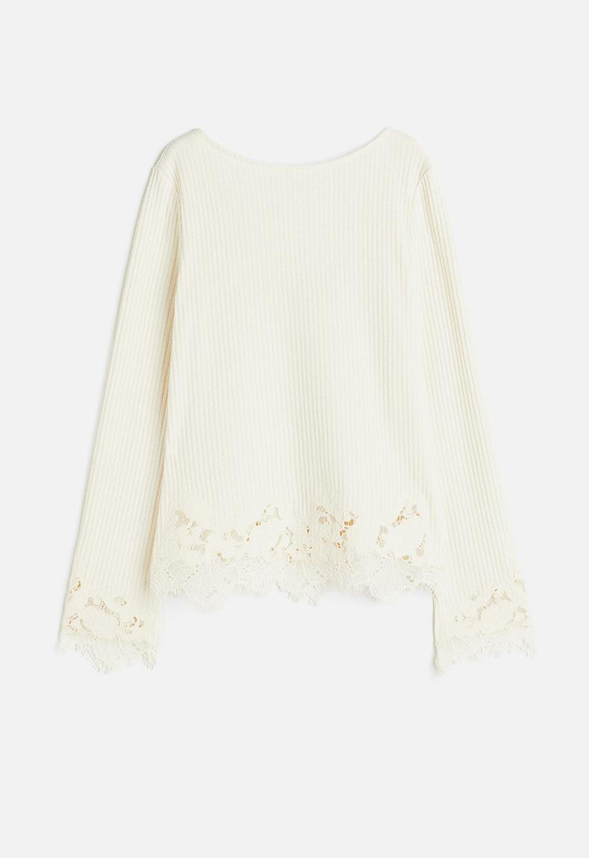 H&M - Lace-trimmed ribbed top - cream 