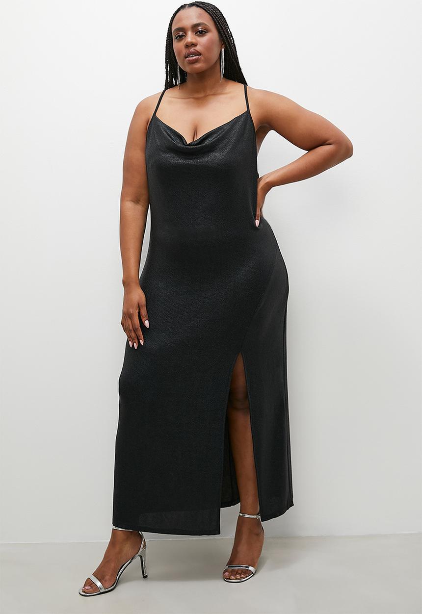 VELVET - Metallic maxi with slit detail - black