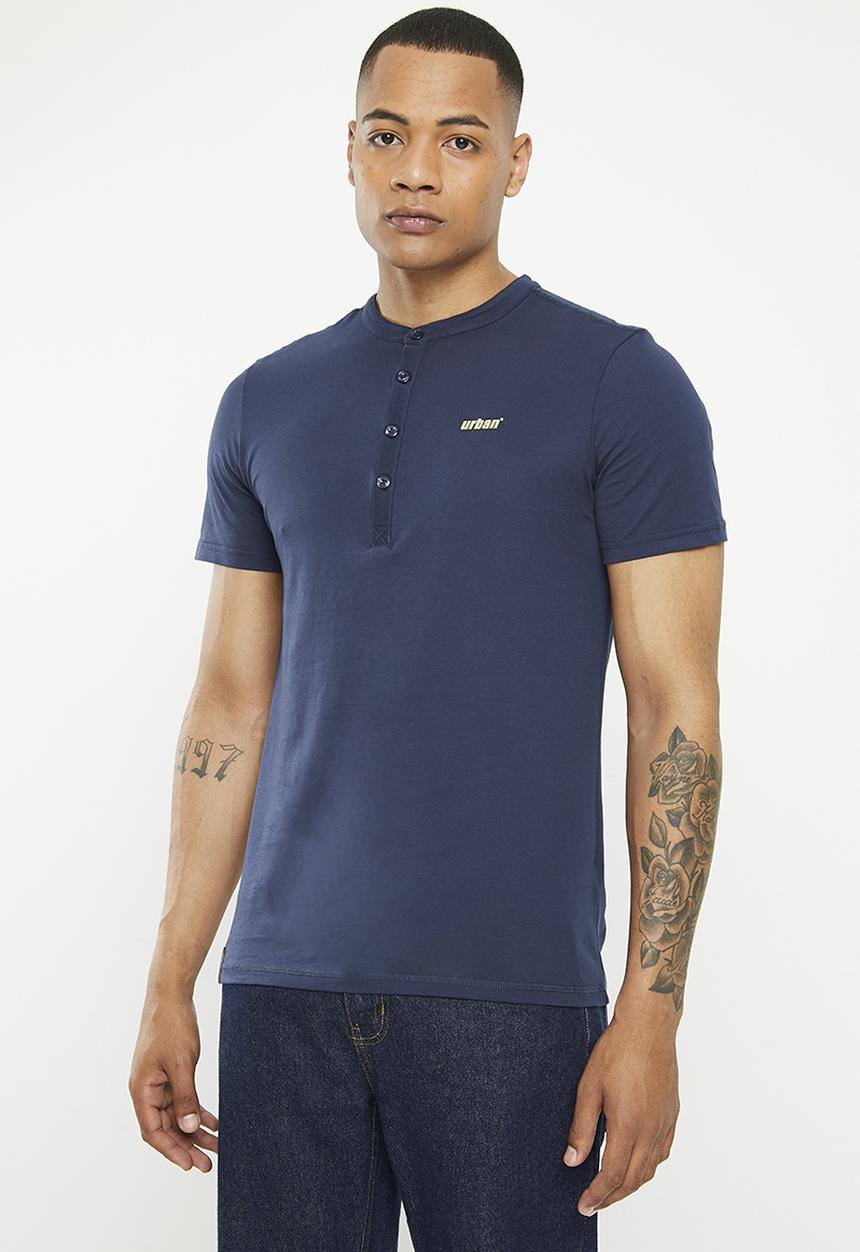 urban° - Mens Urban fashion henley hd print tee - black iris