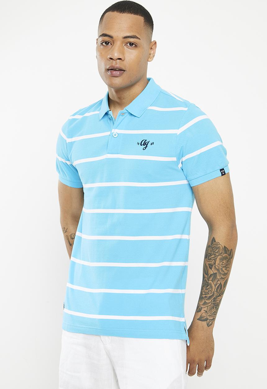 Aca Joe - Mens Aca Joe Yarn Dyed Stripe Pique Emb  Golfer - Bachelor Button/White