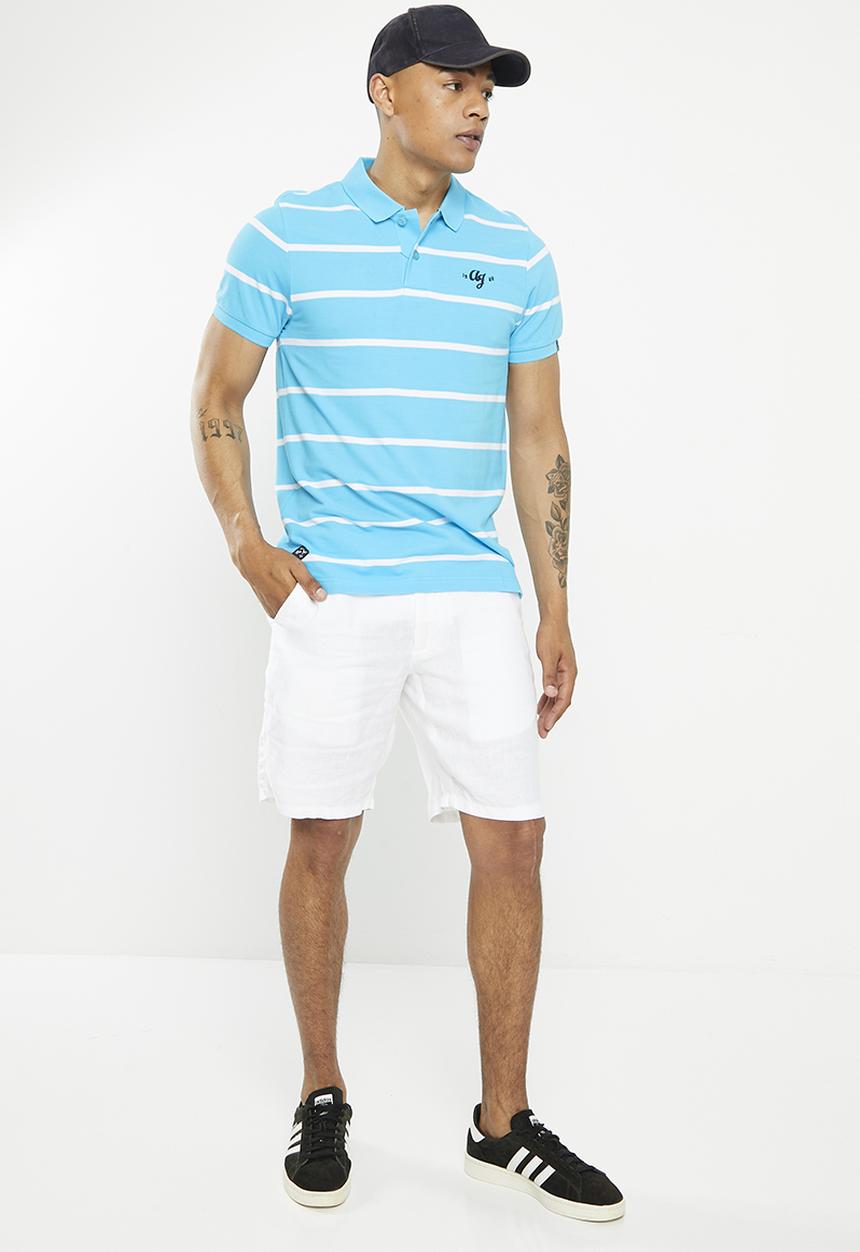Aca Joe - Mens Aca Joe Yarn Dyed Stripe Pique Emb  Golfer - Bachelor Button/White