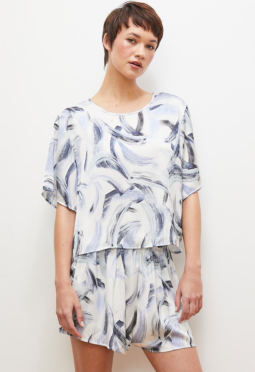 edit - Satin short & tee set - blues brushstroke