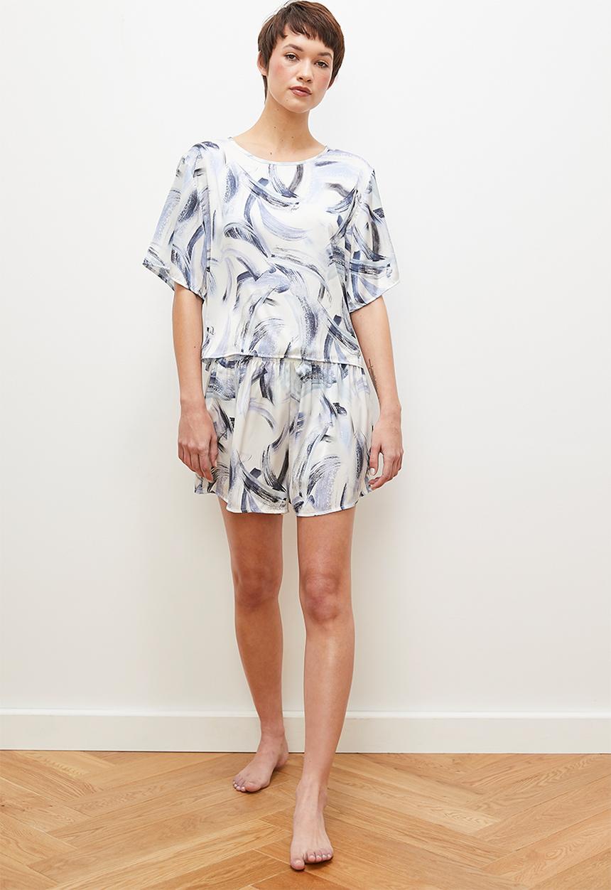 edit - Satin short & tee set - blues brushstroke
