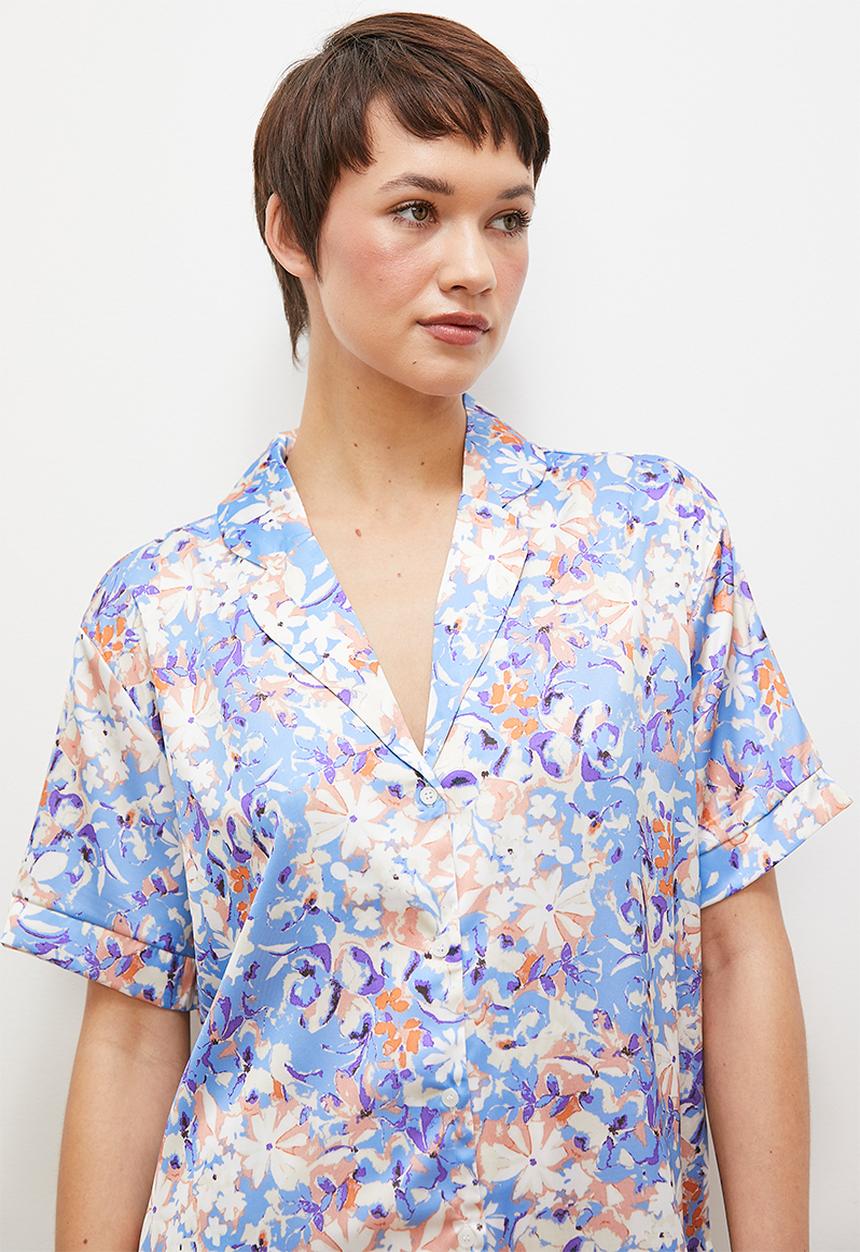 edit - Short sleeve satin button down set - blues watercolour floral