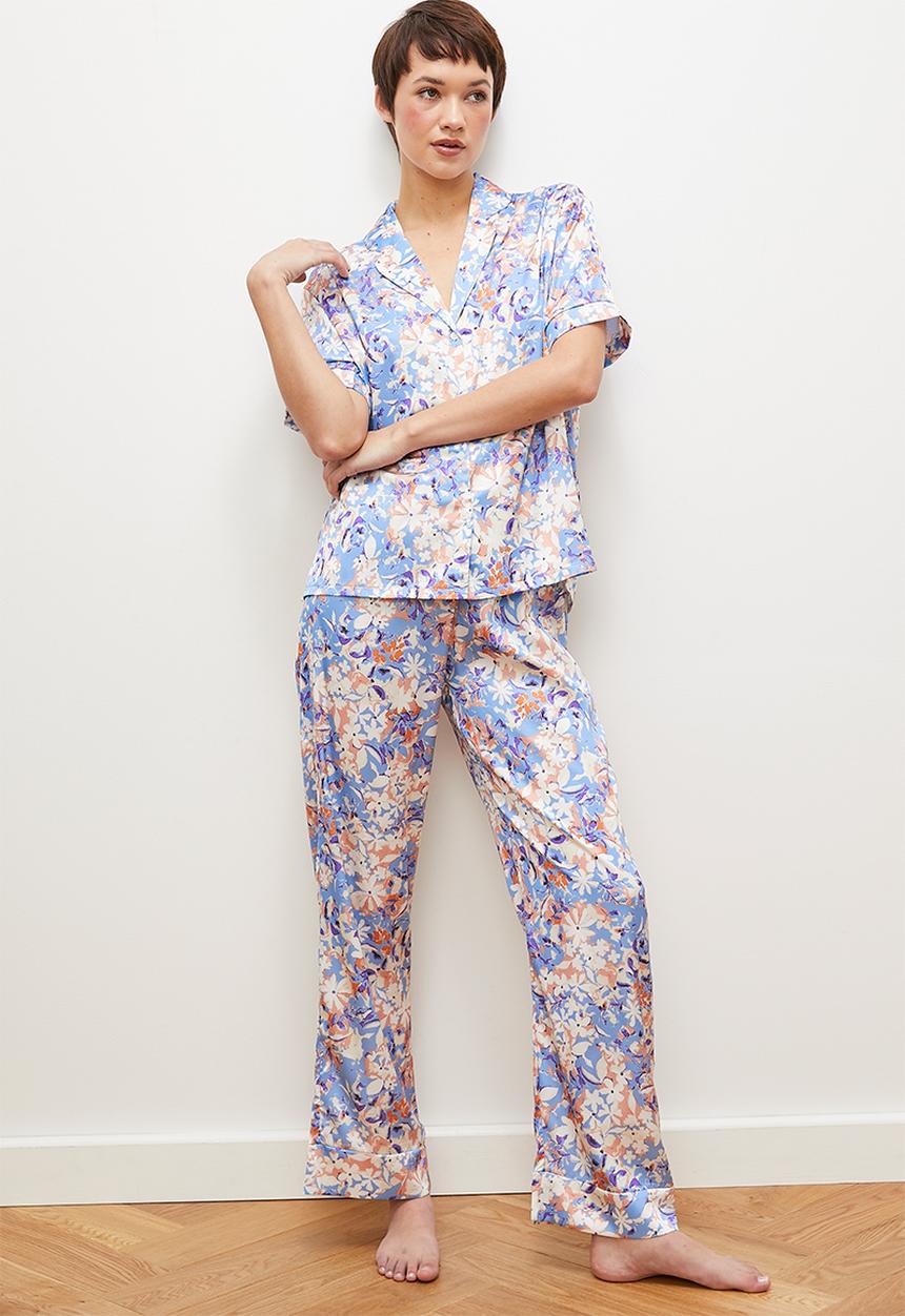 edit - Short sleeve satin button down set - blues watercolour floral