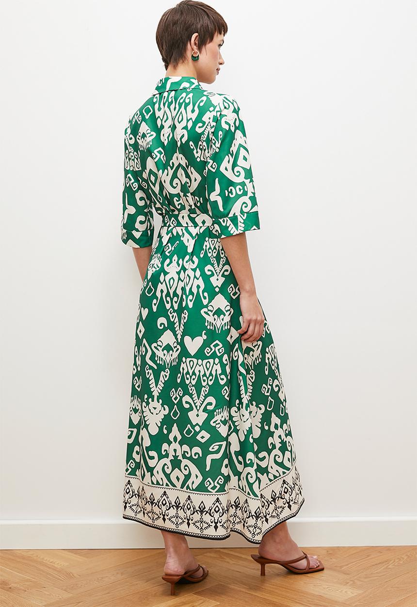 edit - Printed self belted midi shirt dress -  green print