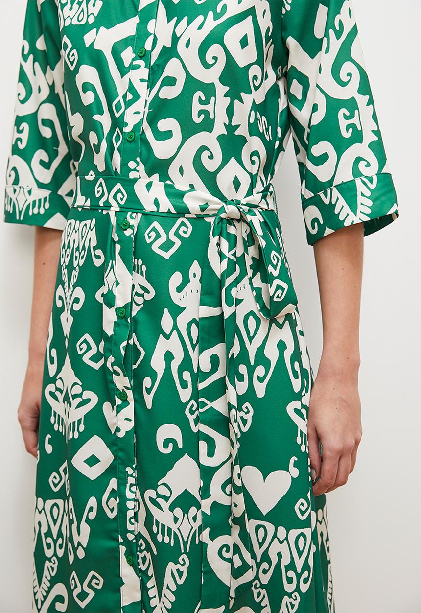 edit - Printed self belted midi shirt dress -  green print