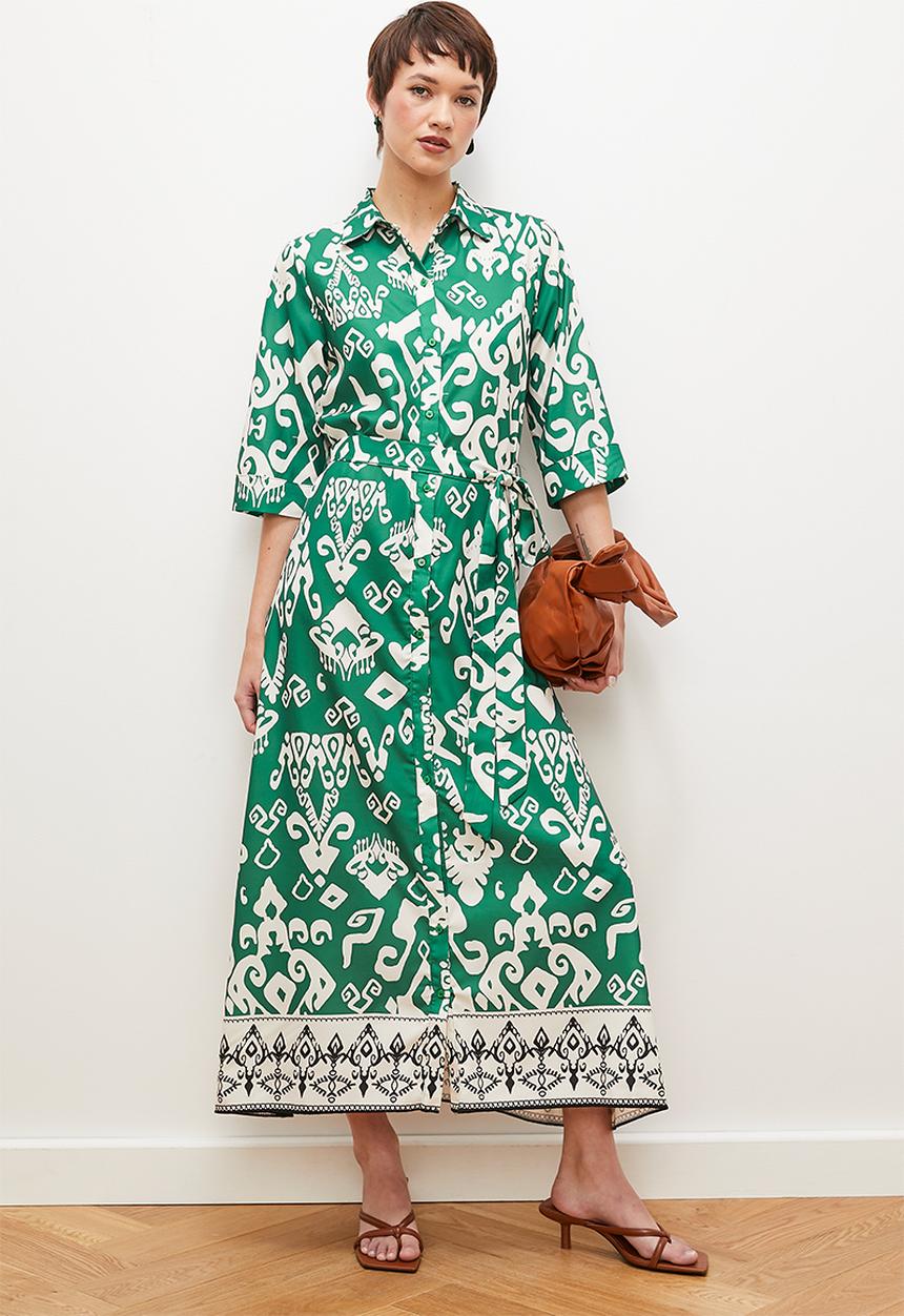 edit - Printed self belted midi shirt dress -  green print