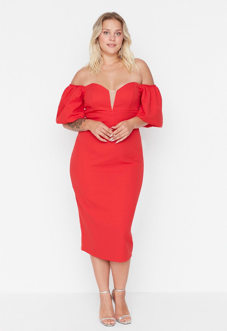 Trendyol - Plus short balloon sleeve midi bodycon dress - red