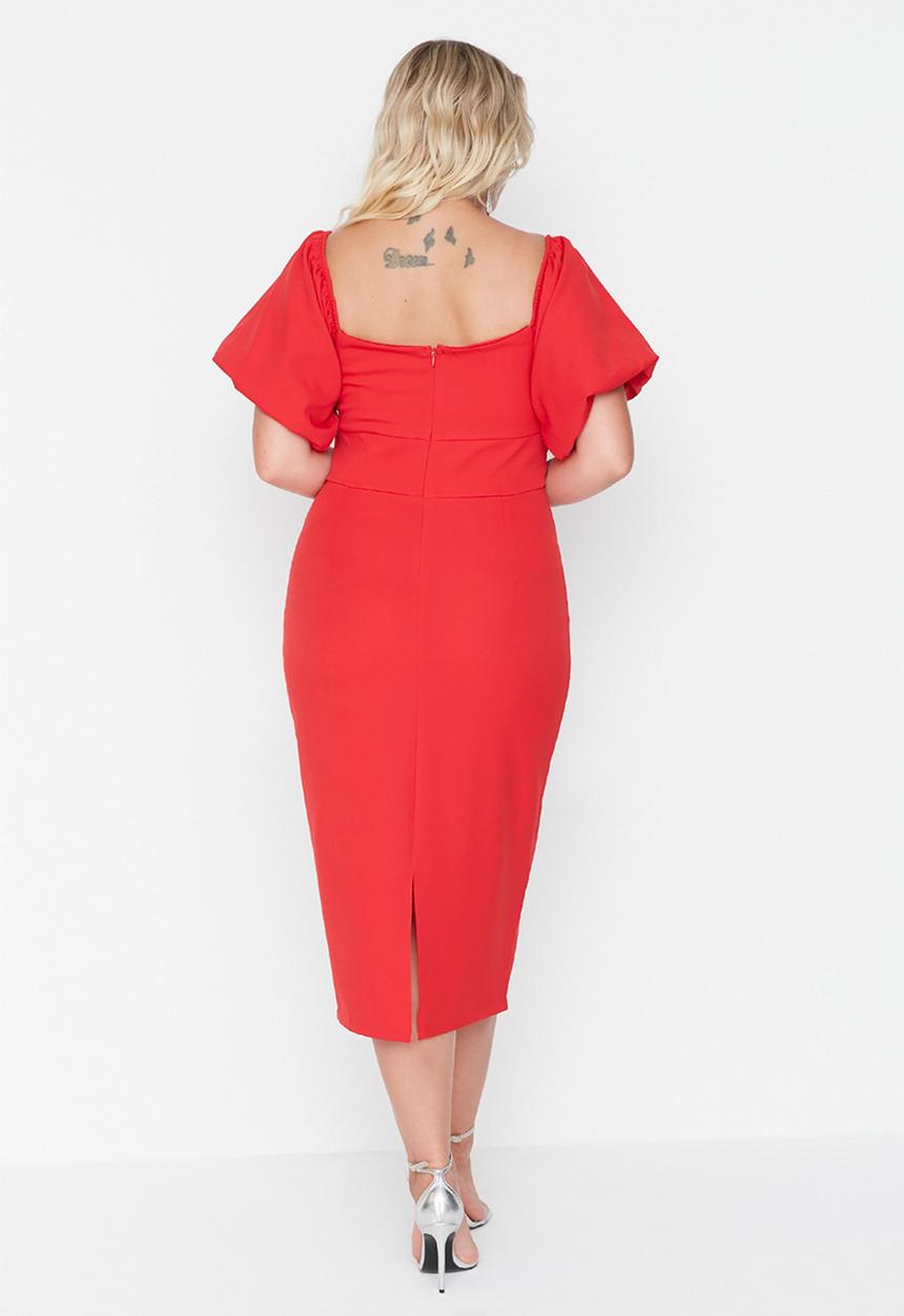 Trendyol - Plus short balloon sleeve midi bodycon dress - red