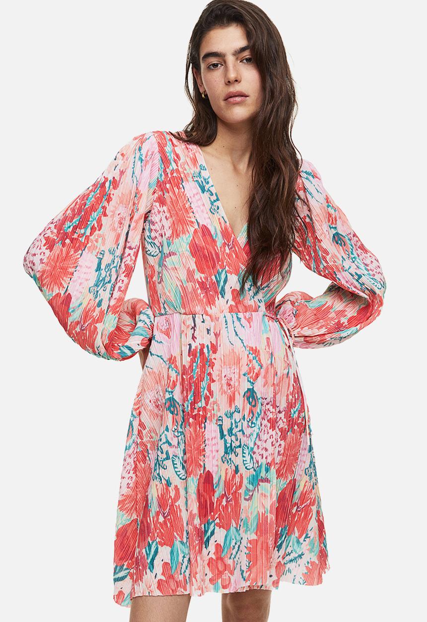 H&M - Pleated wrapover dress - light pink/floral