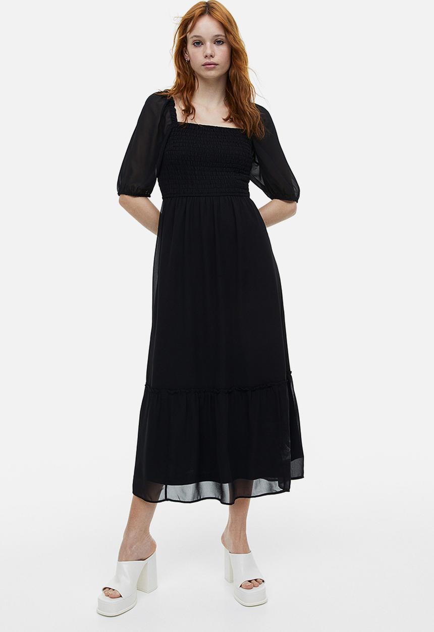 H&M - Puff-sleeved smocked dress - black