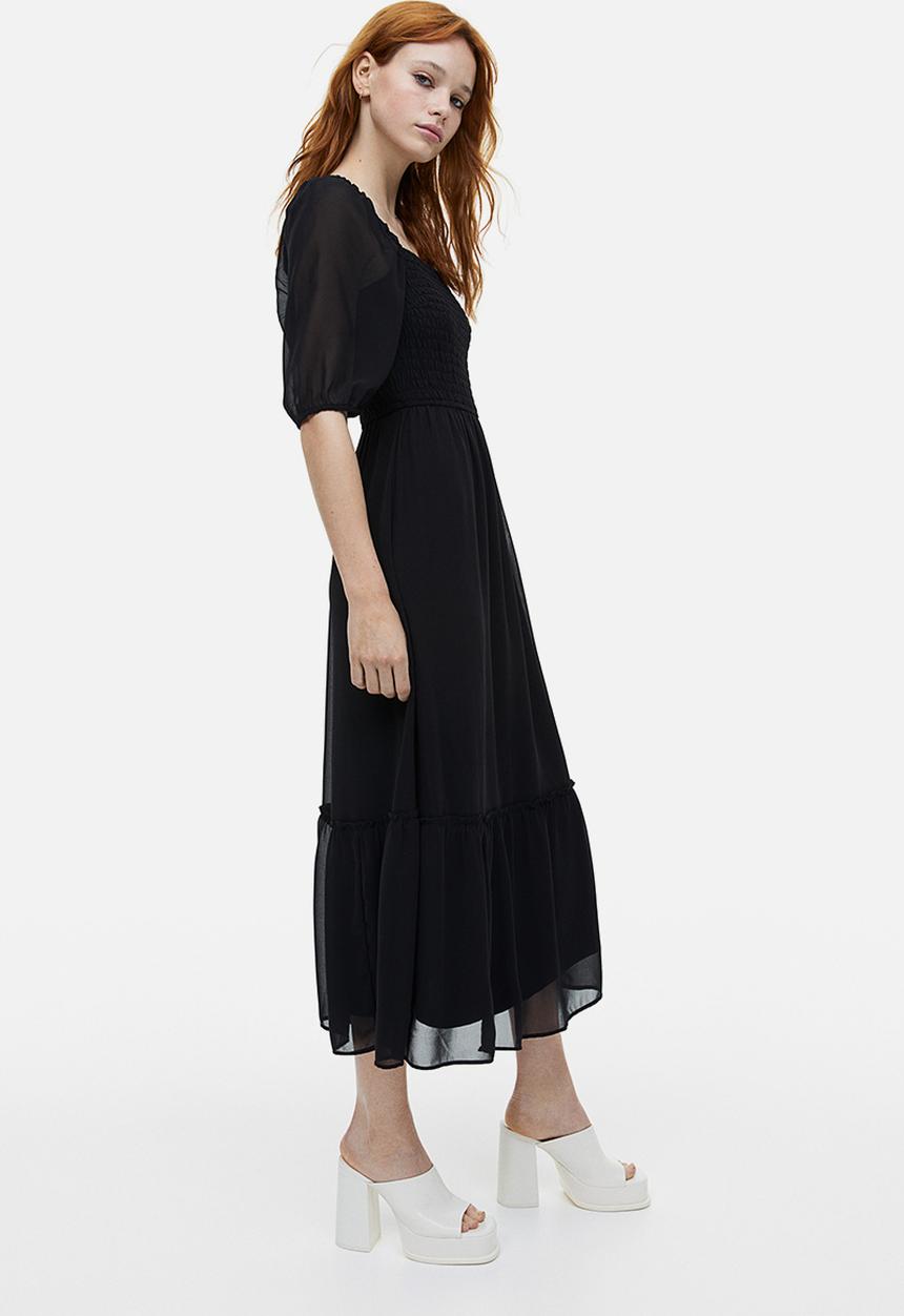 H&M - Puff-sleeved smocked dress - black