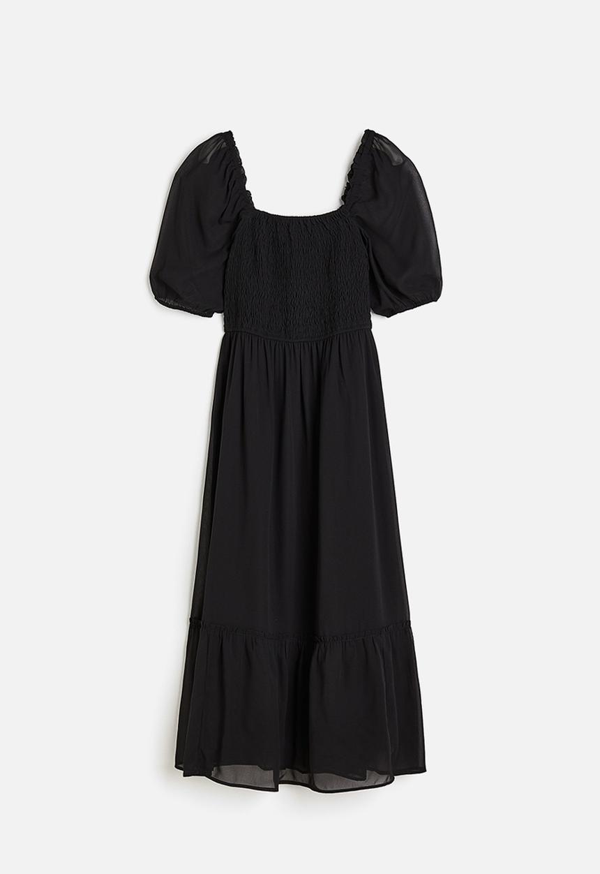 H&M - Puff-sleeved smocked dress - black