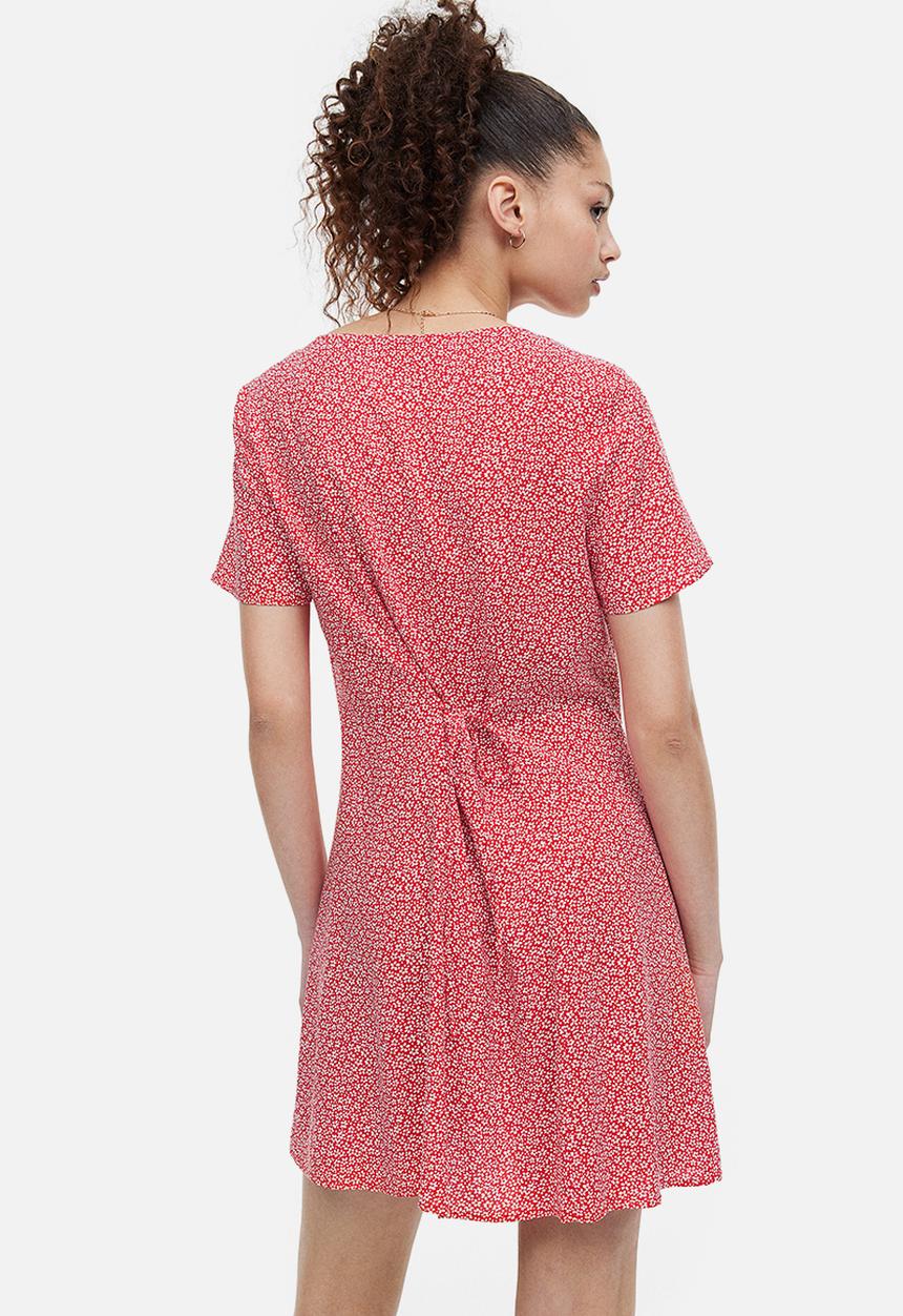 H&M - Tie-detail button-front dress - red/small flowers