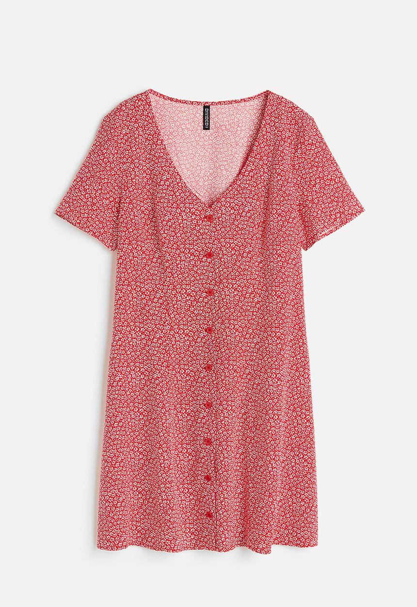 H&M - Tie-detail button-front dress - red/small flowers