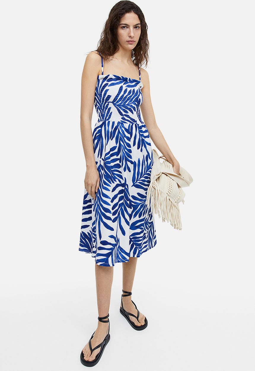 H&M - Smock-topped dress - white/blue patterned