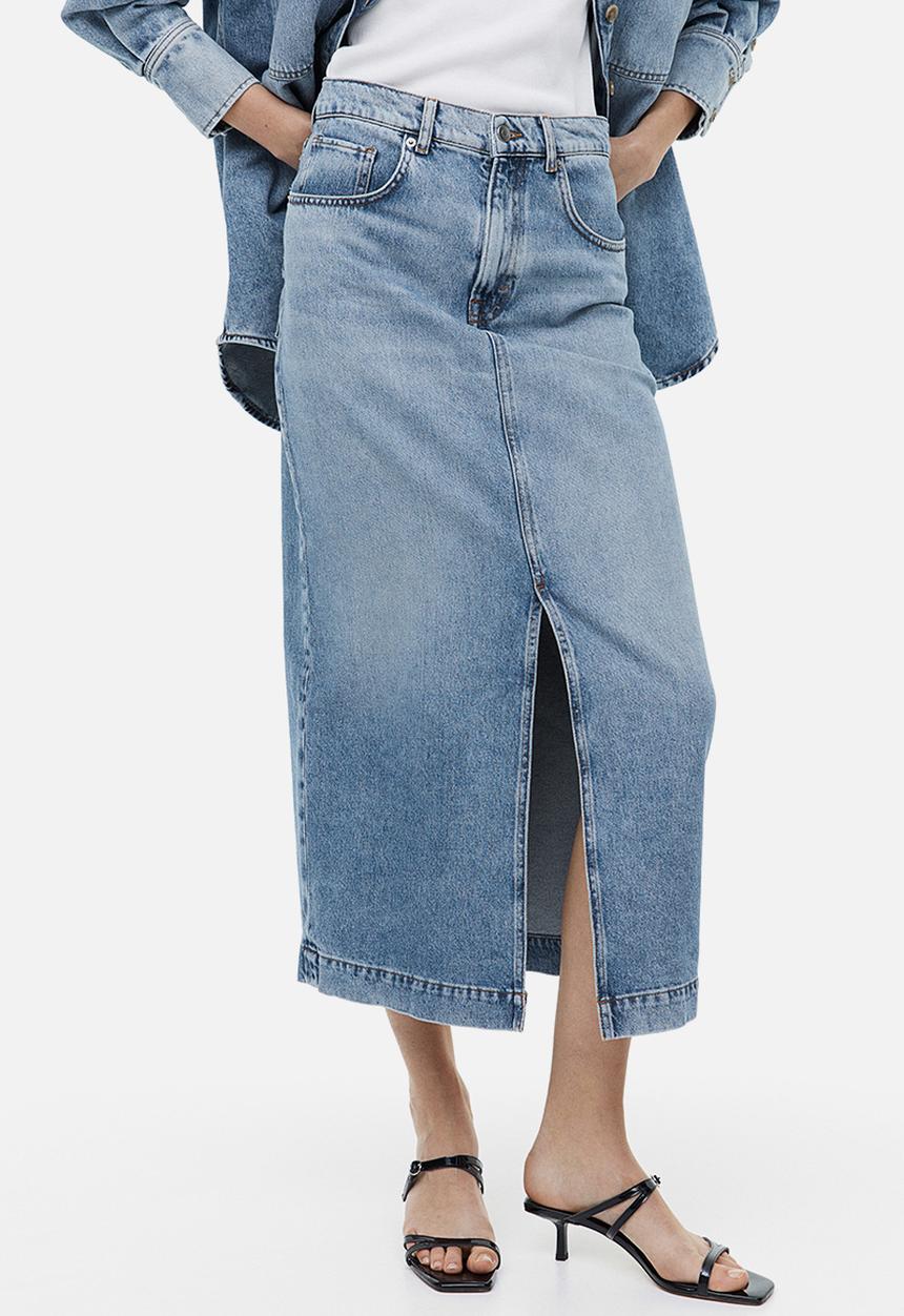 H&M - Slit-hem denim skirt - light denim blue