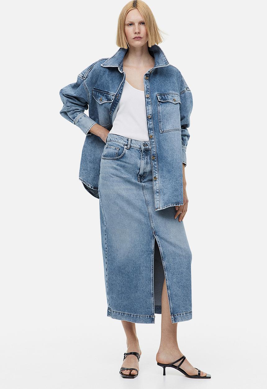 H&M - Slit-hem denim skirt - light denim blue