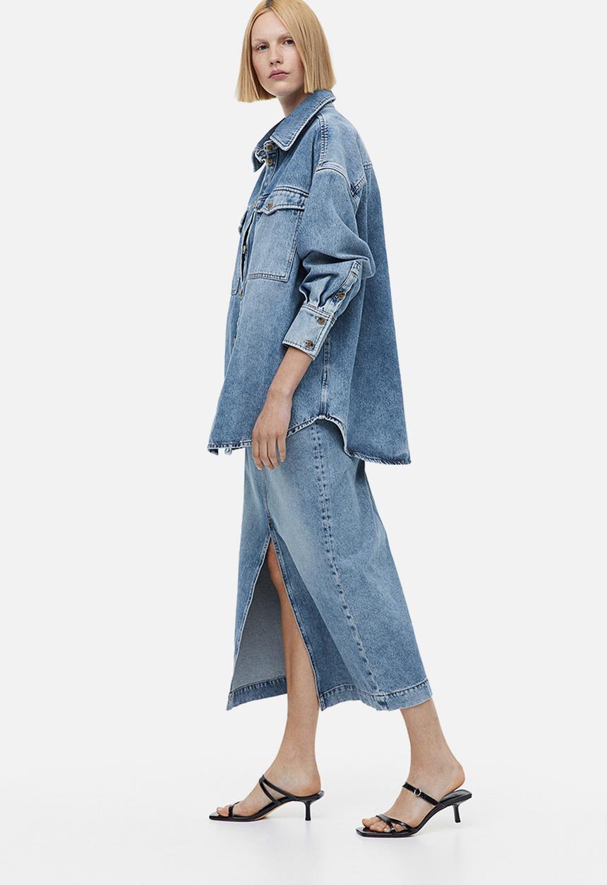 H&M - Slit-hem denim skirt - light denim blue