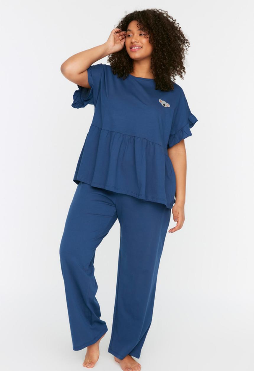 Trendyol - Plus short sleeve frill pajama set - blue