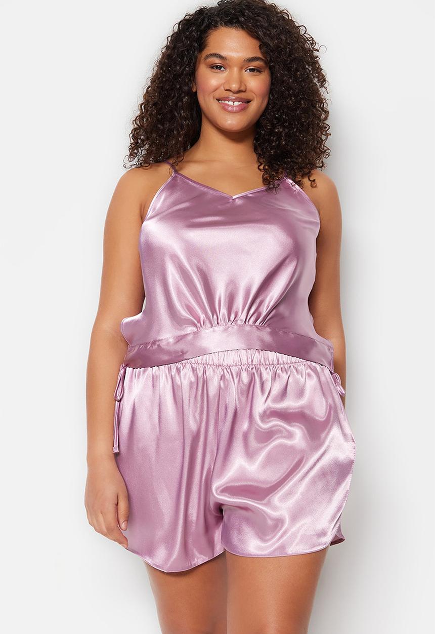 Trendyol - Plus satin strappy pajama set - pink