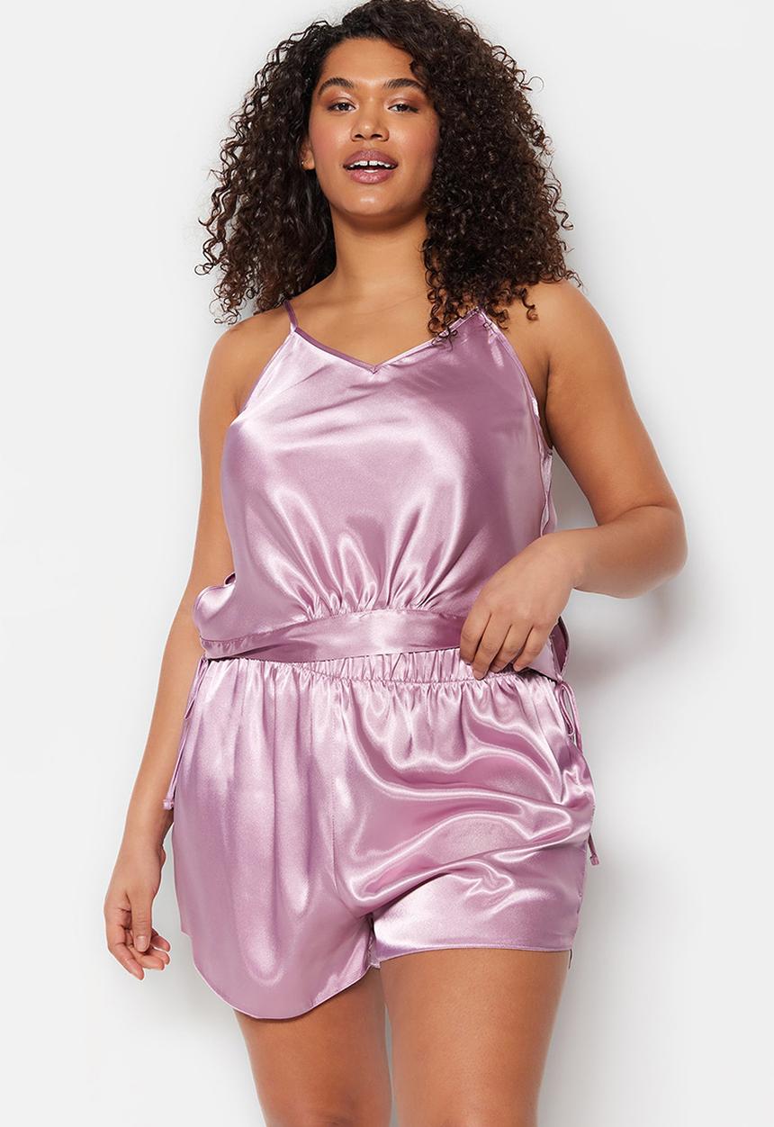 Trendyol - Plus satin strappy pajama set - pink