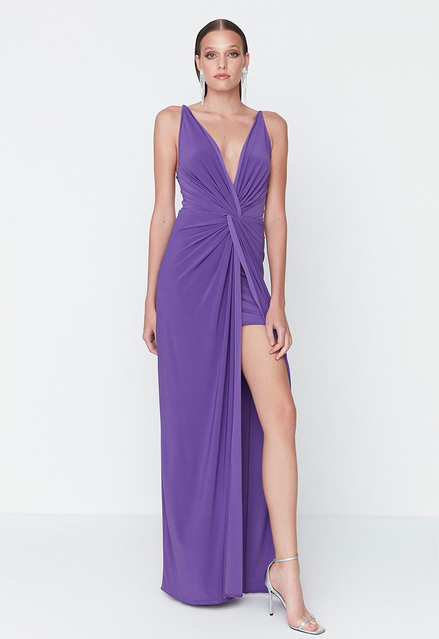 Trendyol - V-neck evening dress - purple