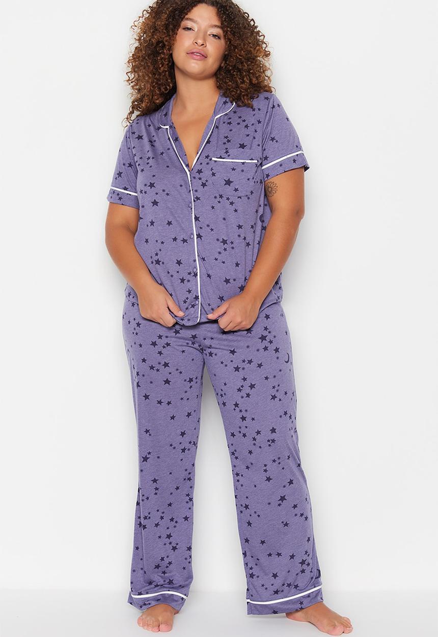 Trendyol - Plus star print pajama set - purple