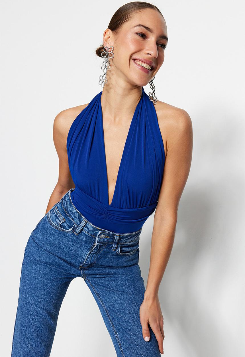 Trendyol - V-neck backless bodysuit - blue