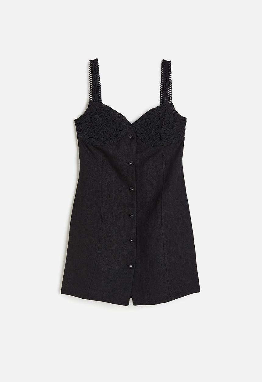 H&M - Appliquéd linen mini dress - black