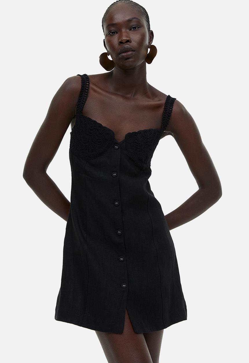 H&M - Appliquéd linen mini dress - black