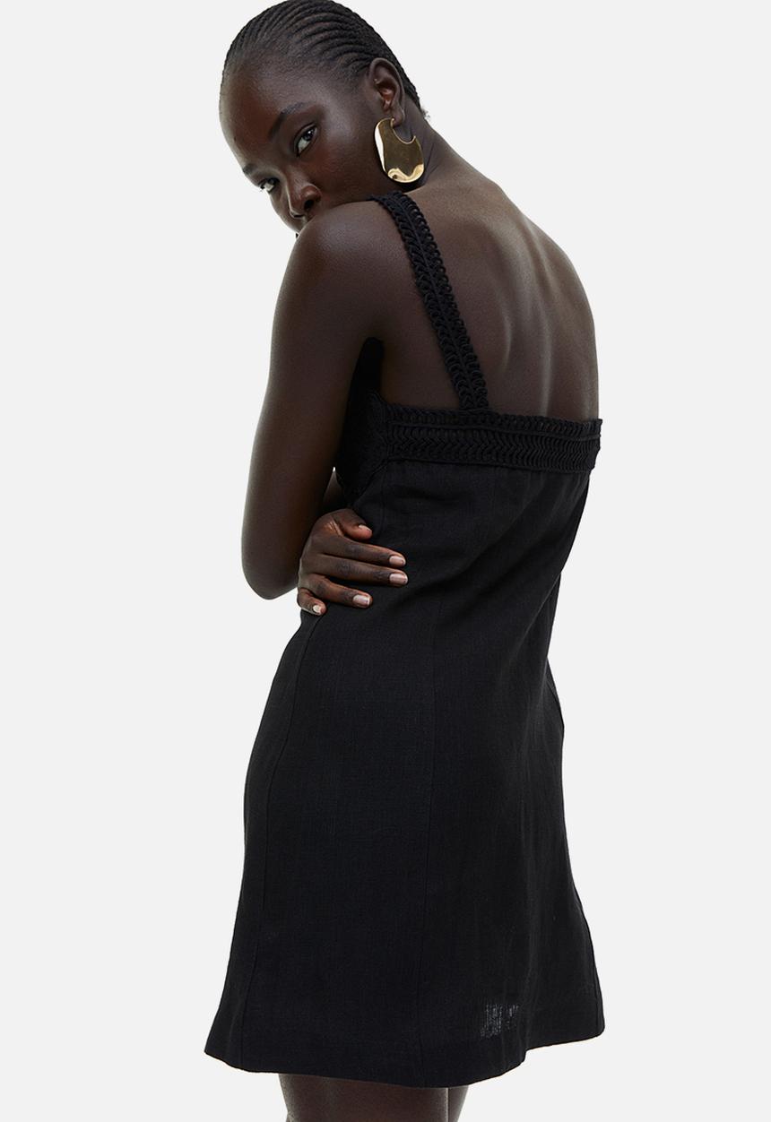 H&M - Appliquéd linen mini dress - black