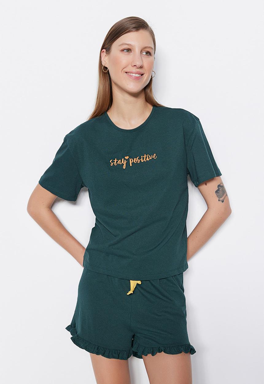 Trendyol - Short slogan pajama set - dark green