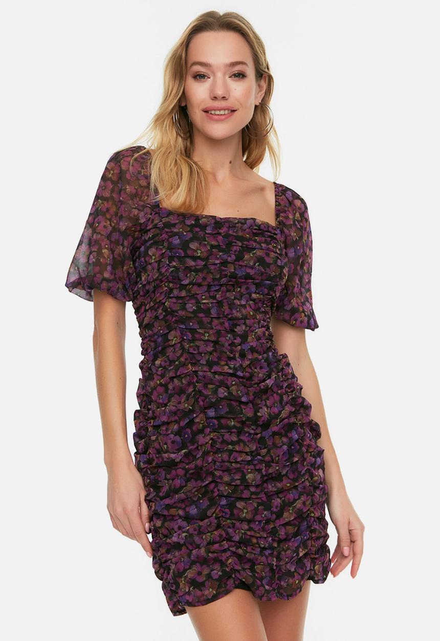 Trendyol - Floral ruched mini bodycon dress - black