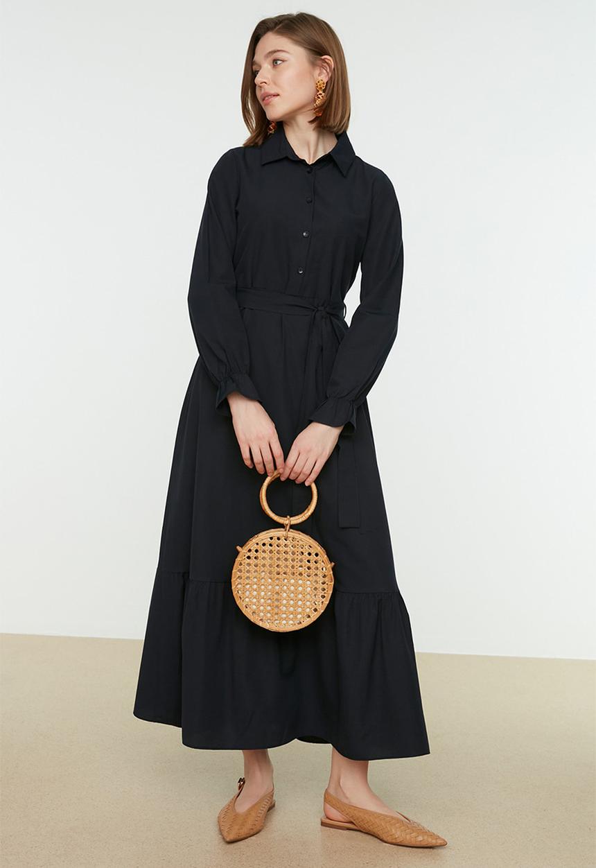 Trendyol - Modest belted shirt dress - navy