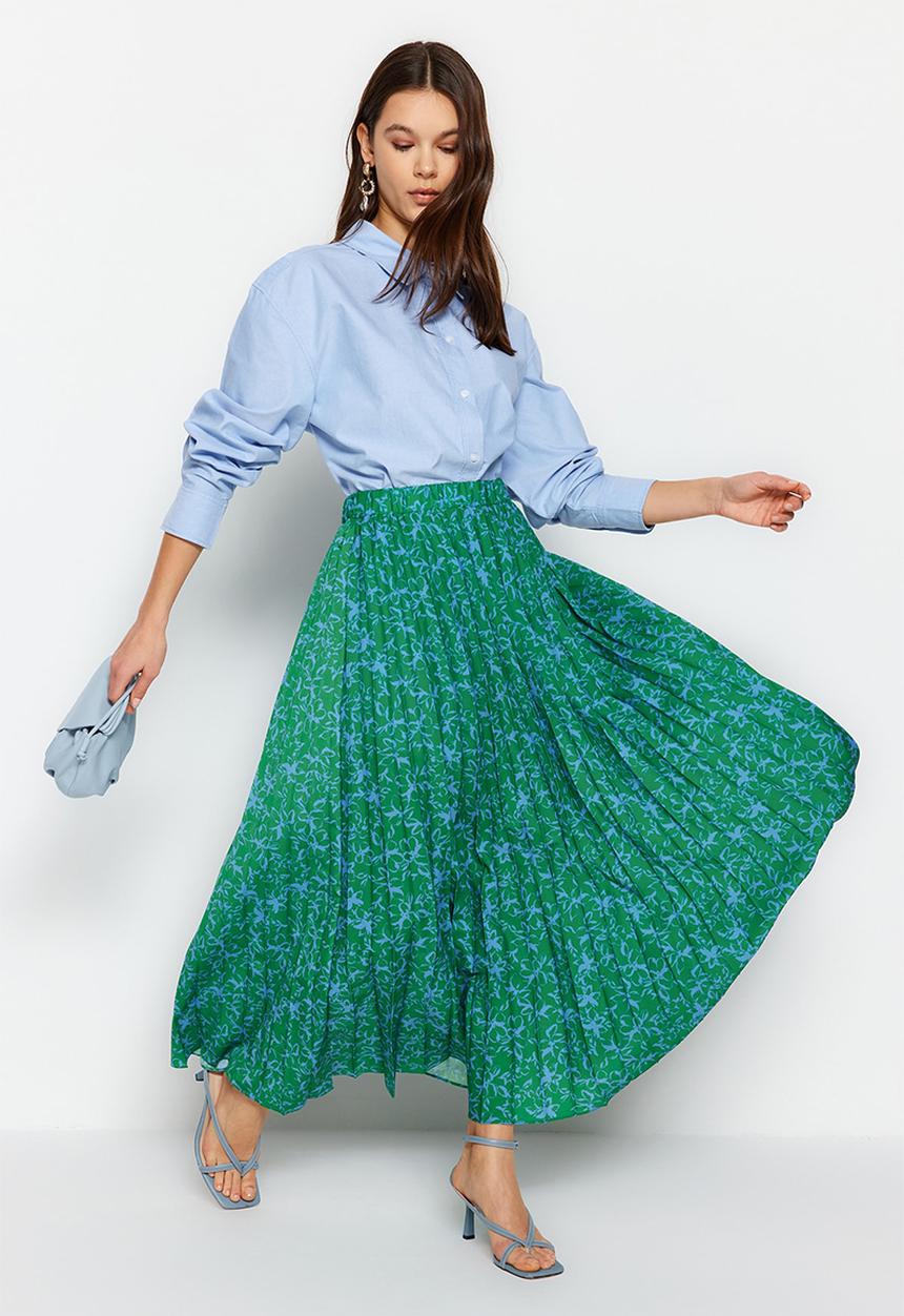 Trendyol - Modest pleated floral maxi skirt - green