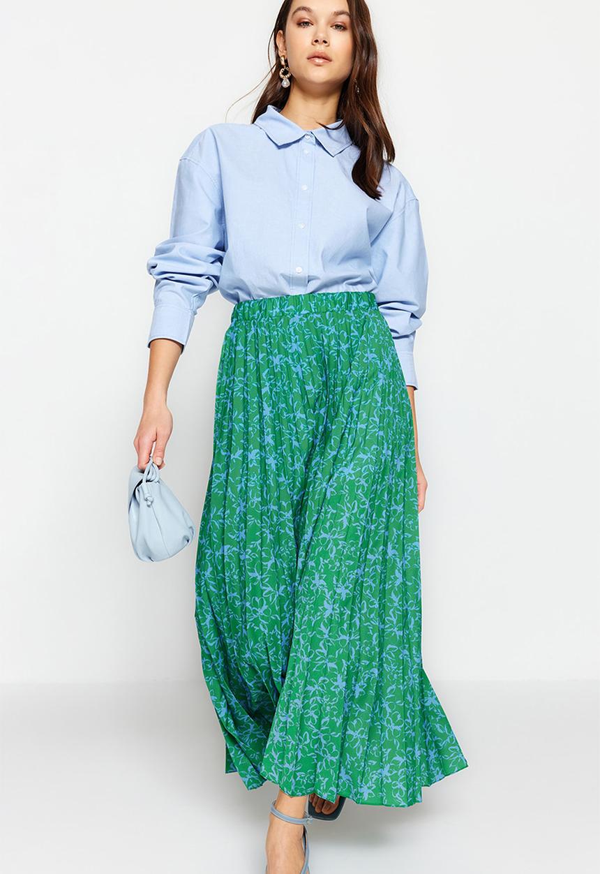 Trendyol - Modest pleated floral maxi skirt - green
