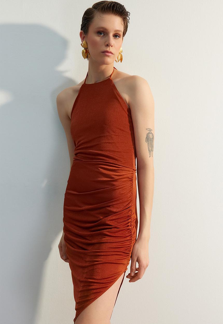 Trendyol - Assym ruched dress - brown