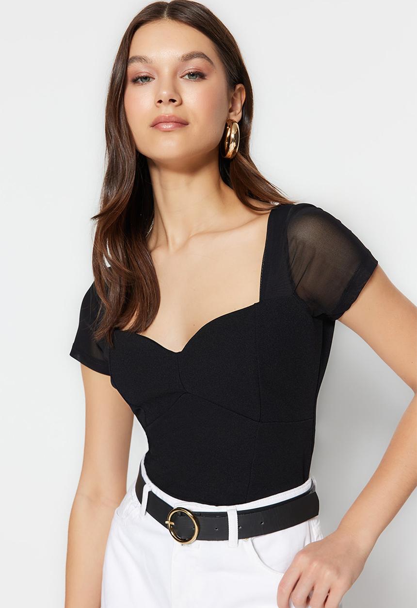 Trendyol - Short sleeve sweetheart bodysuit - black