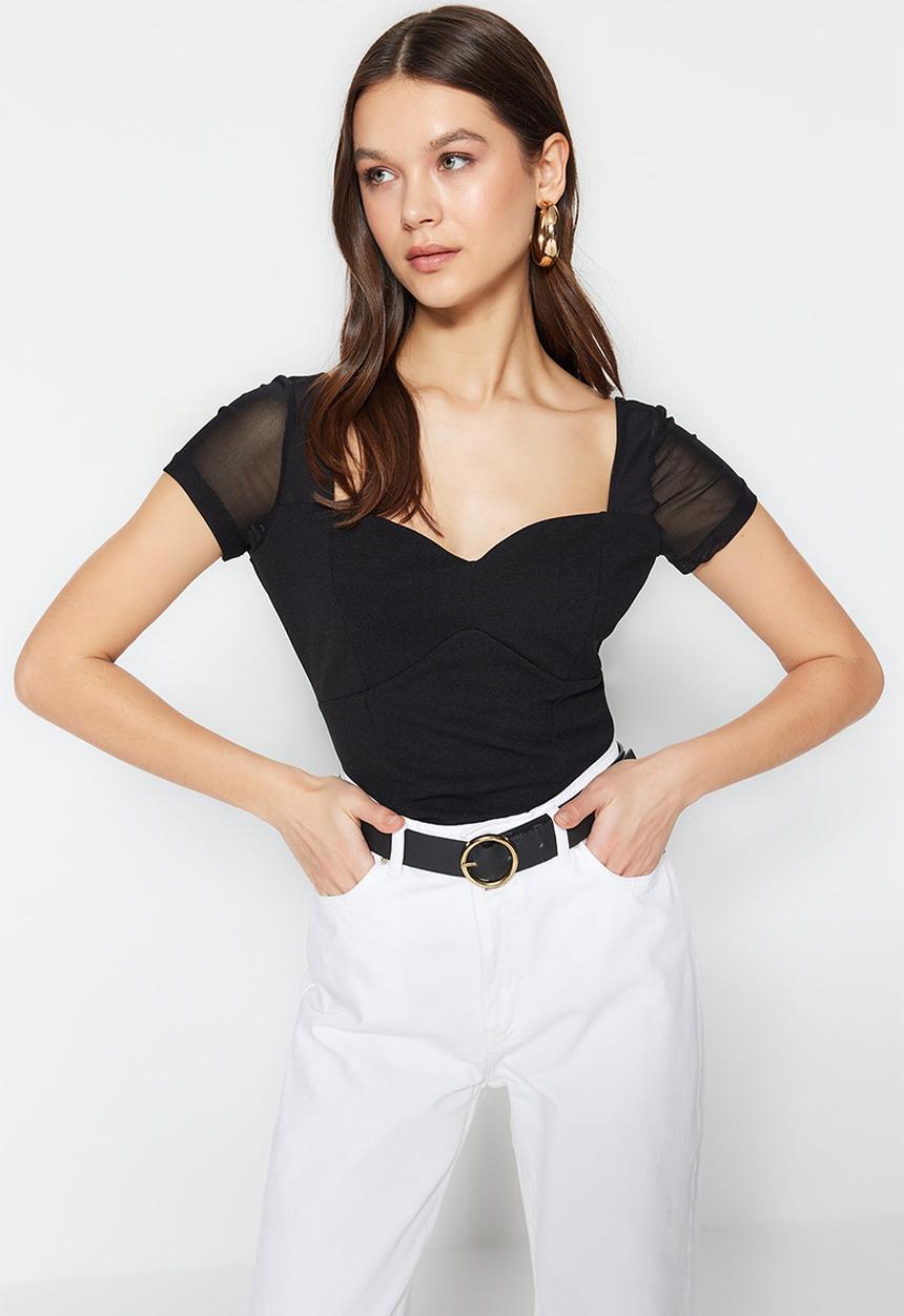 Trendyol - Short sleeve sweetheart bodysuit - black