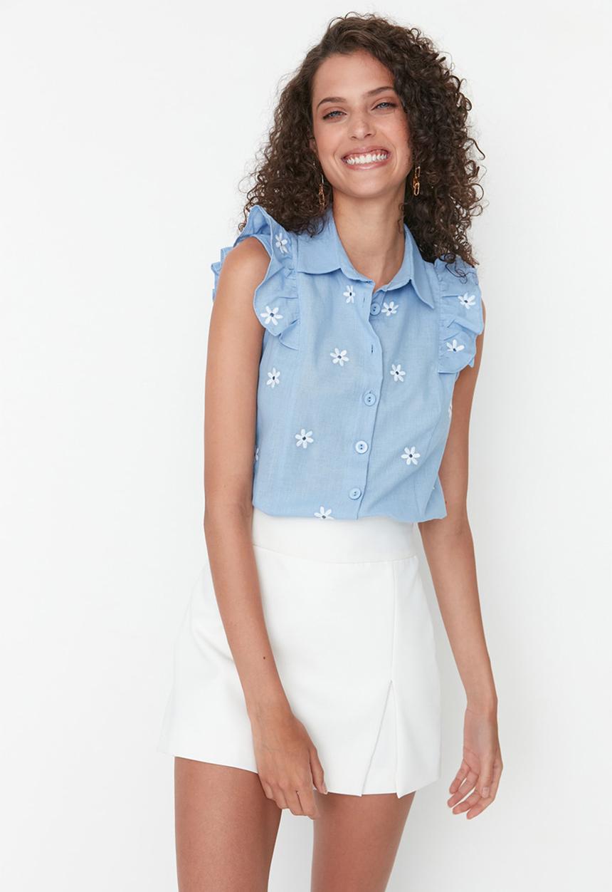 Trendyol - Cropped flower shirt - blue
