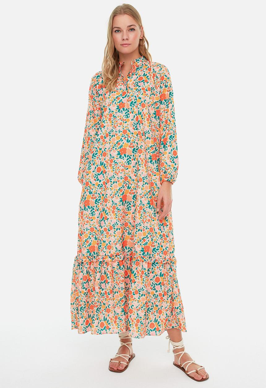 Trendyol - Modest floral shirt maxi dress - orange