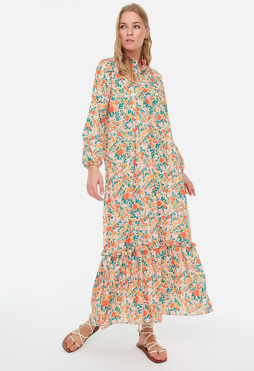 Trendyol - Modest floral shirt maxi dress - orange