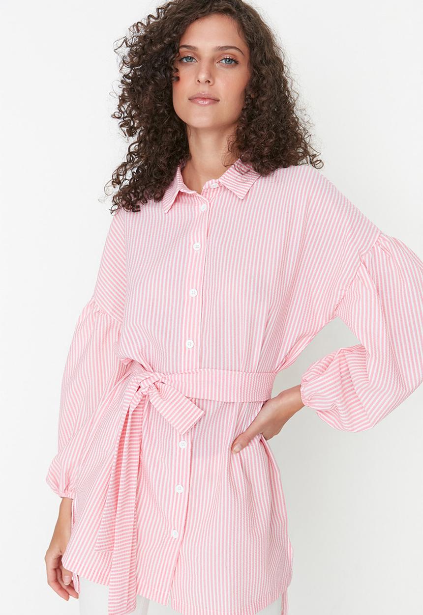 Trendyol - Modest stripe belted shirt - pink