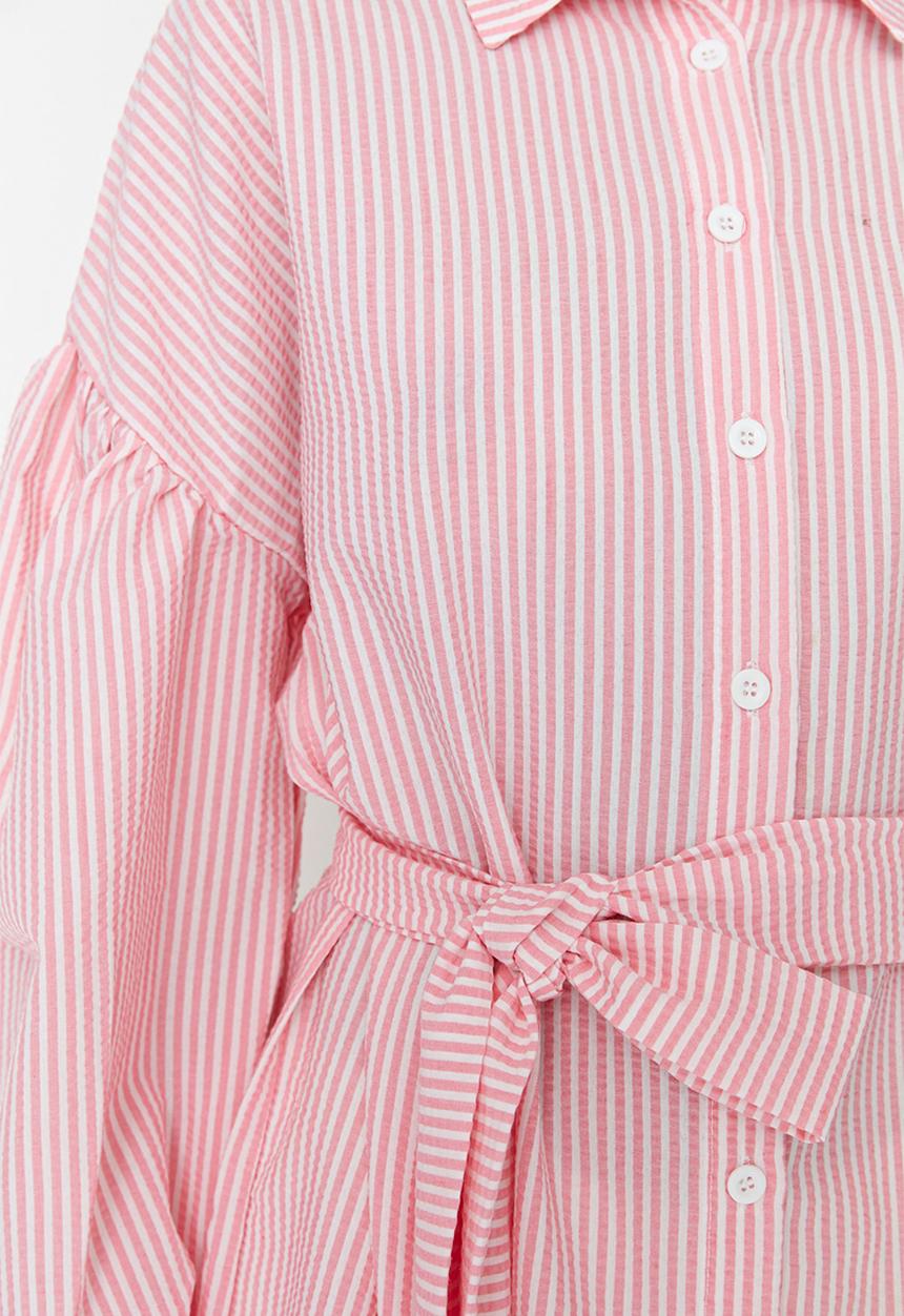 Trendyol - Modest stripe belted shirt - pink