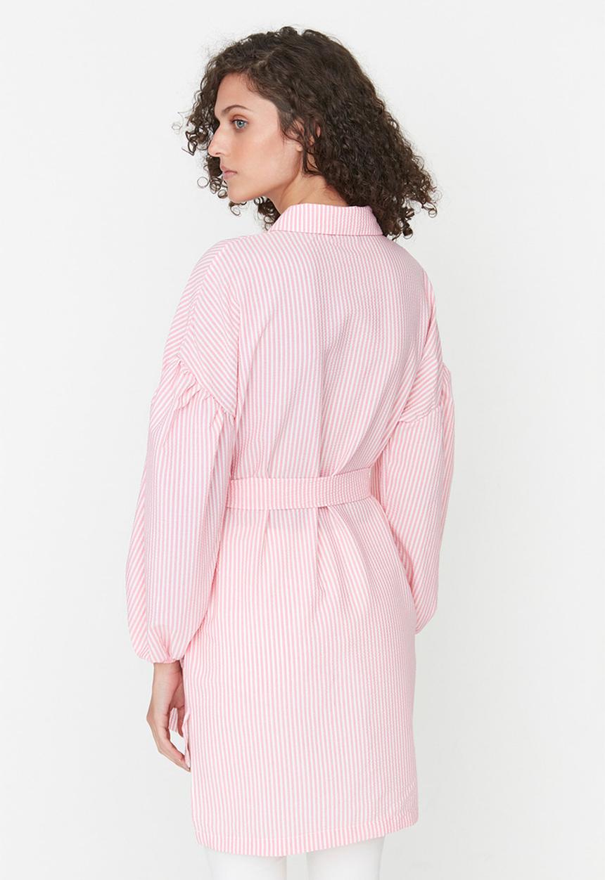 Trendyol - Modest stripe belted shirt - pink