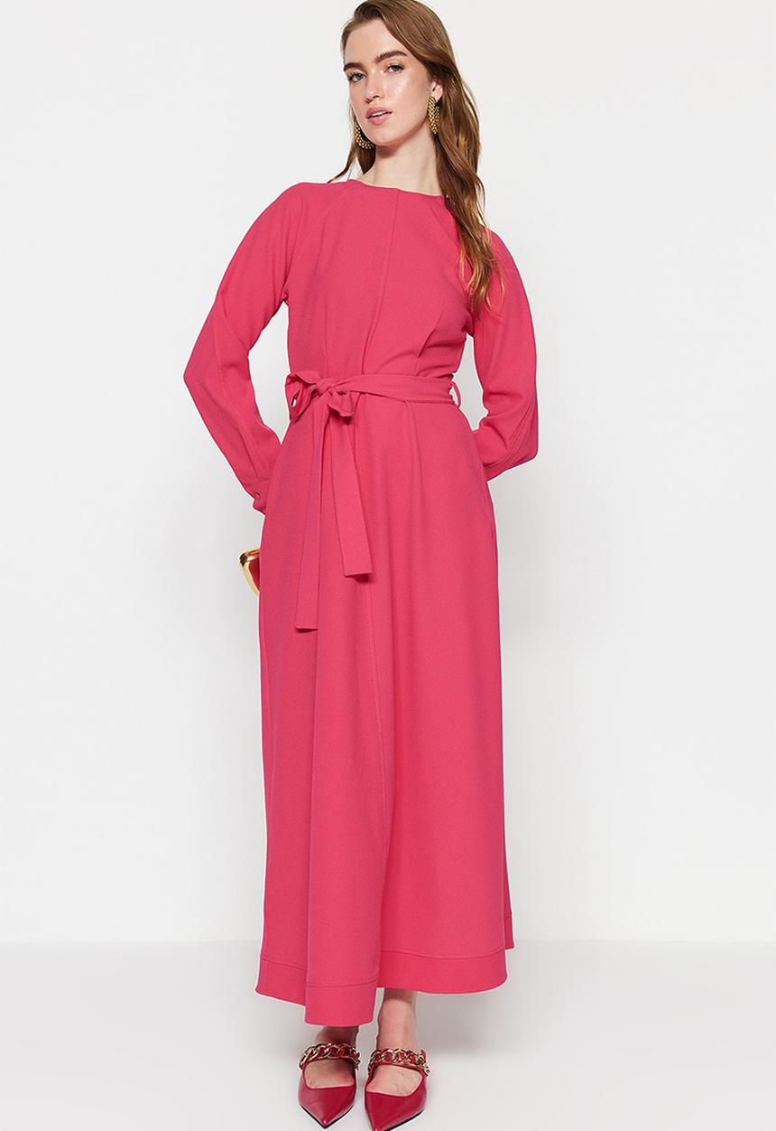 Trendyol - Modest long sleeve belted dress - pink